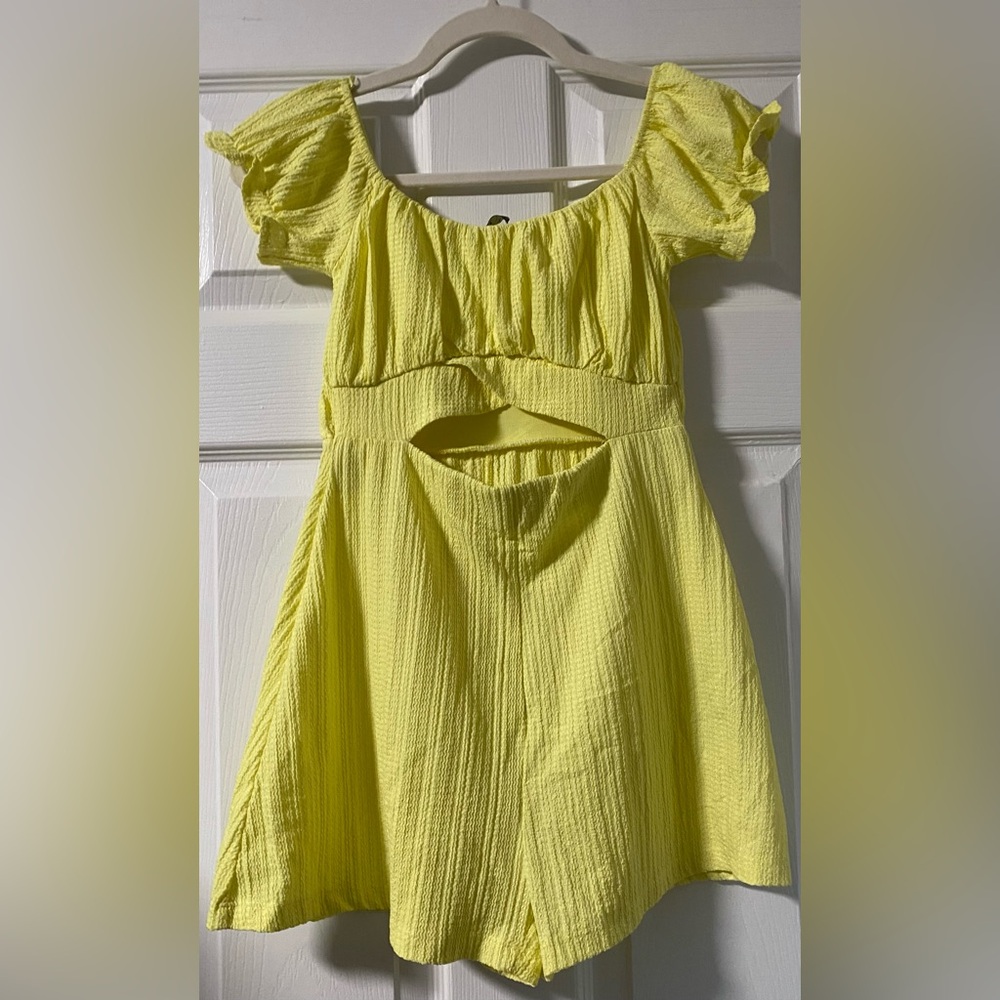 Bershka Yellow Wide-Leg Cut-Out Ruffle Sleeve Romper, Square Neck, Size S